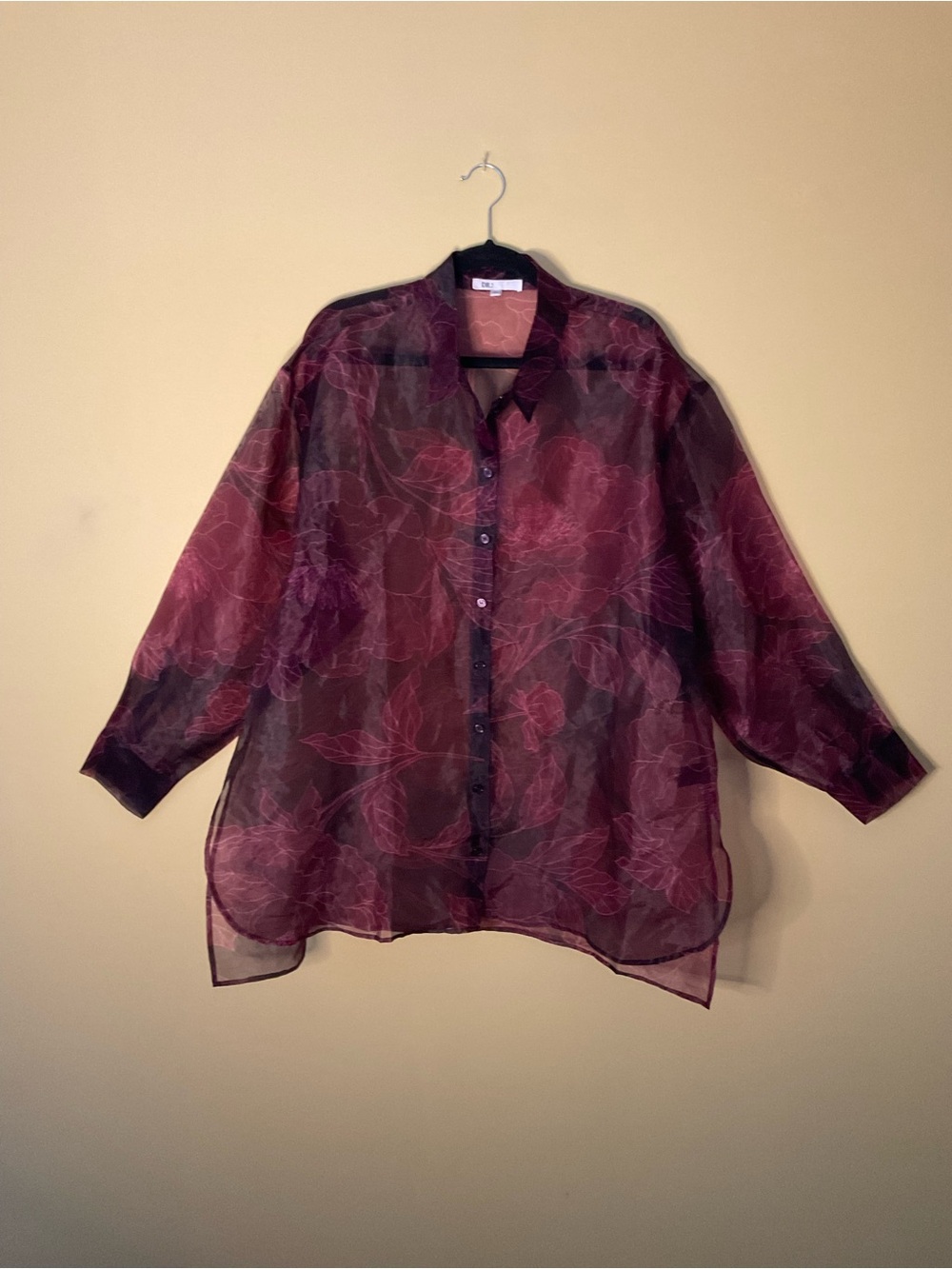 DR2 Sheer Floral Button-Down Blouse - Wine